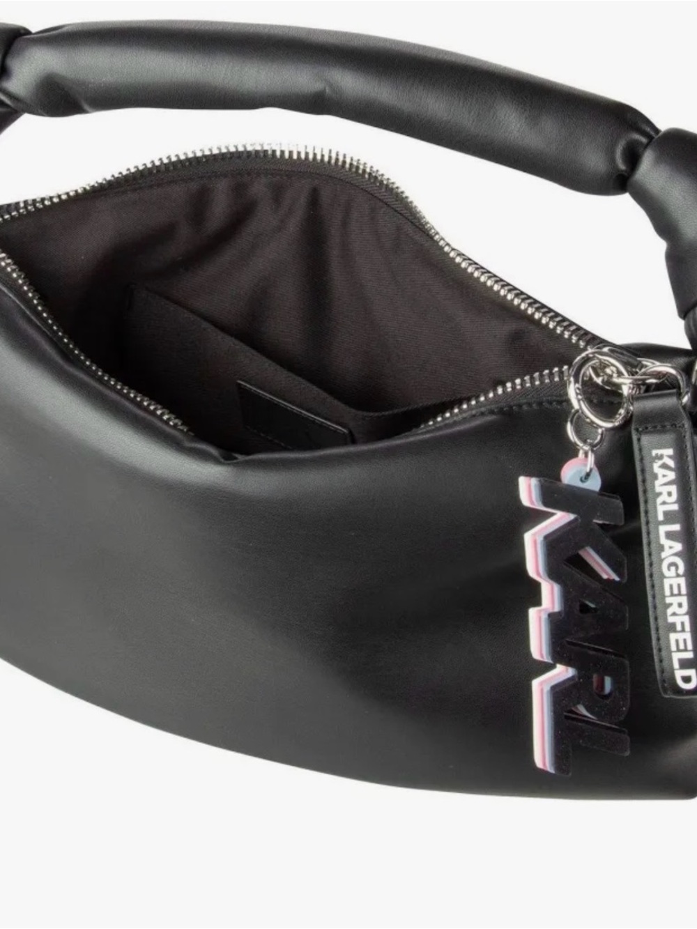 Karl Lagerfeld Black Leather Shoulder Bag with Logo Charm